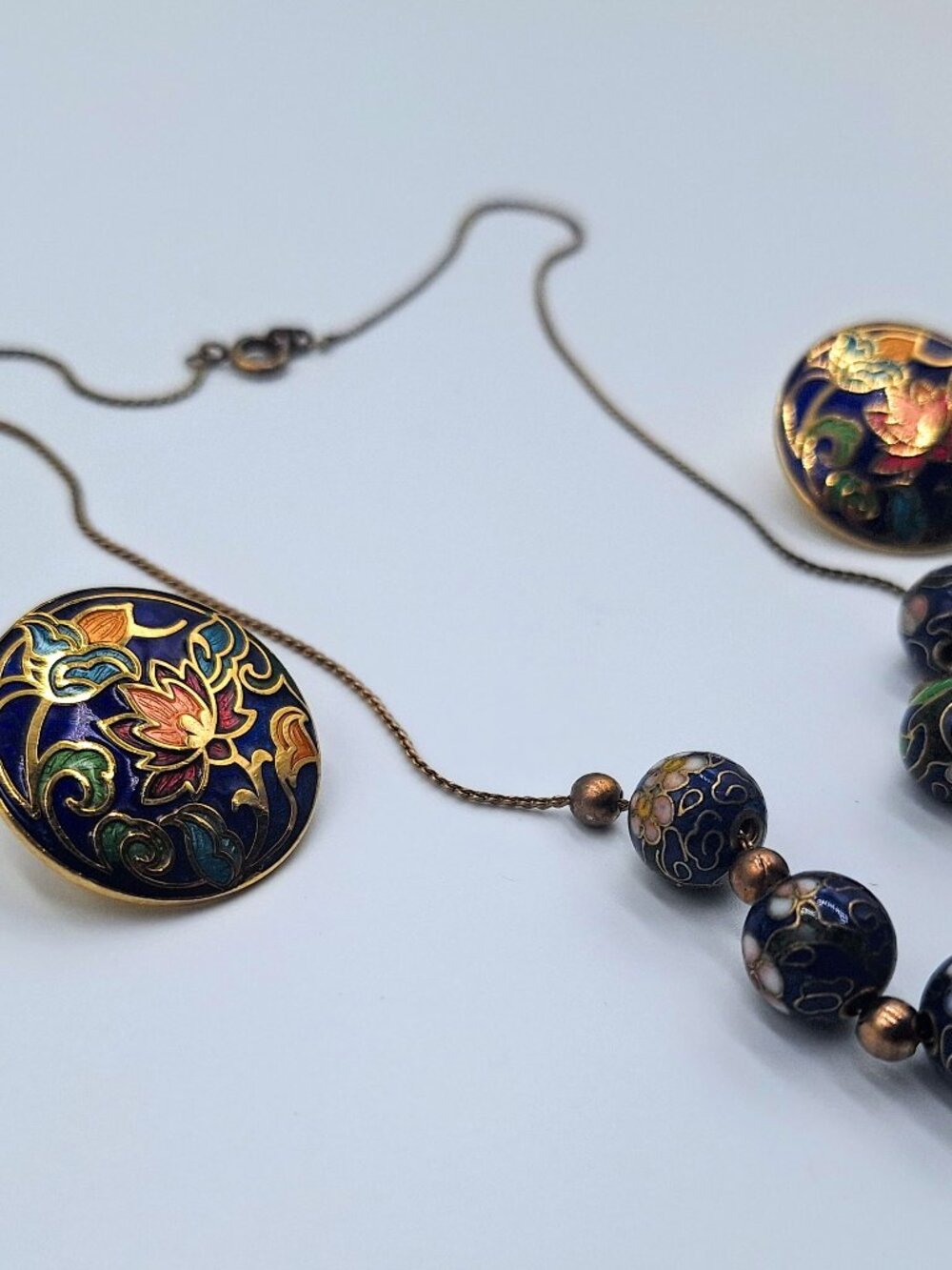 Vintage Cloisonné Blue and Pink Flower Necklace And Earrings Set